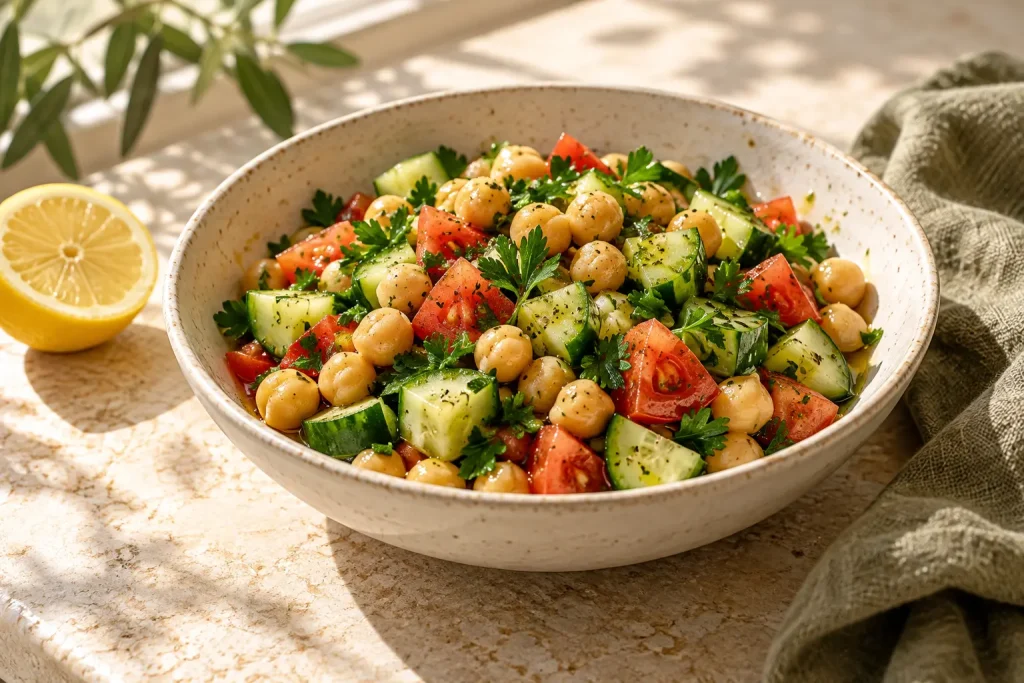 AI illustration of chickpeas, cucumber, tomato and parsley in a bowl
