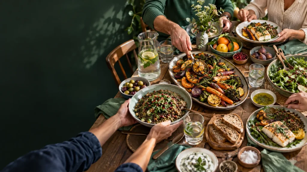 Illustrative Mediterranean table with shared dishes