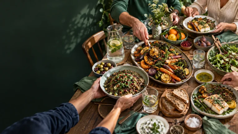 Illustrative Mediterranean table with shared dishes